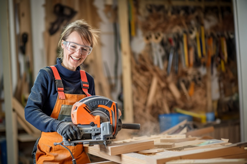 Female tool and die maker smiling at work on blurred background