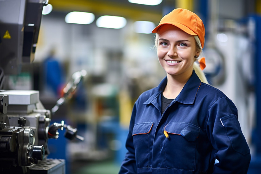 Smiling woman machinist working on blurred background