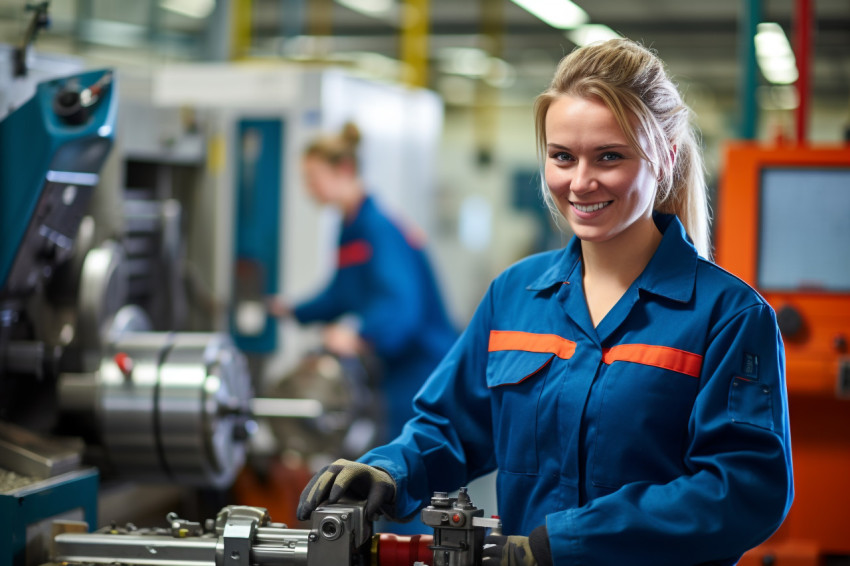 Smiling woman machinist working on blurred background