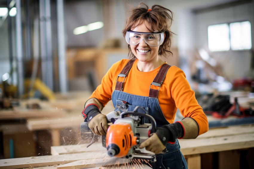 Female tool and die maker smiling at work on blurred background