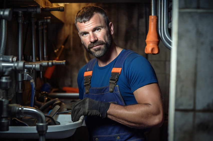 Smiling plumber working on blurred background