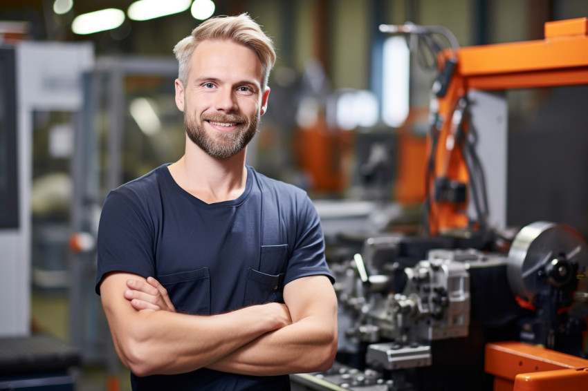 Smiling machinist working in a factory on blurred background