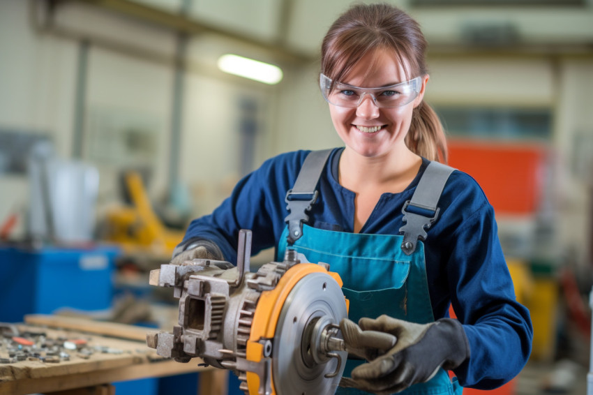 Female tool and die maker smiling at work on blurred background