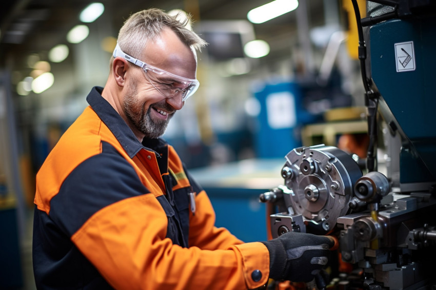 Smiling machinist working in a factory on blurred background