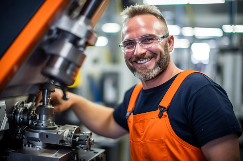 Smiling machinist working in a factory on blurred background