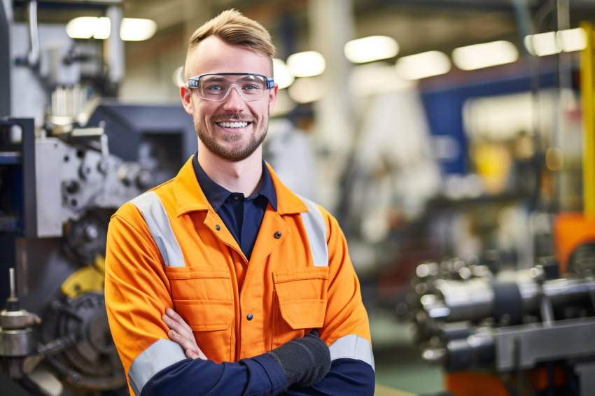 Smiling machinist working in a factory on blurred background