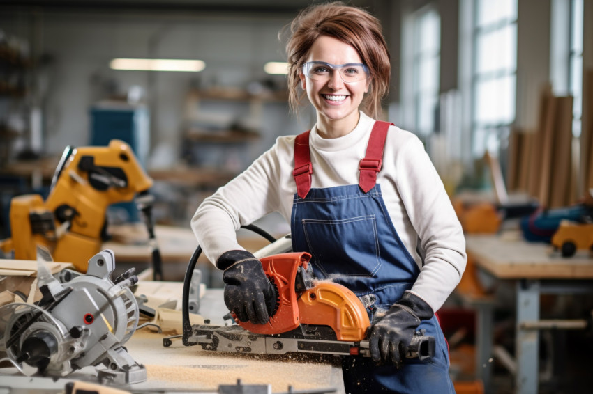 Female tool and die maker smiling at work on blurred background