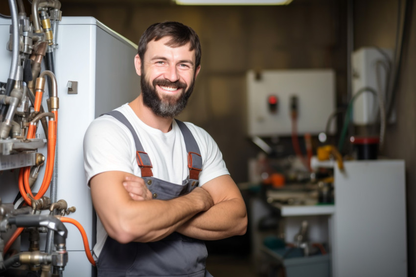 Smiling plumber working on blurred background