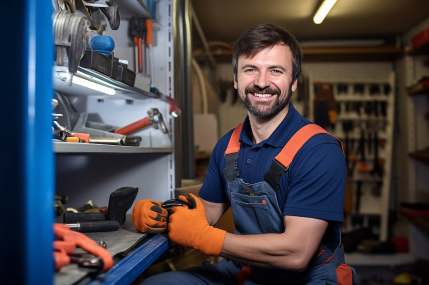 Smiling plumber working on blurred background