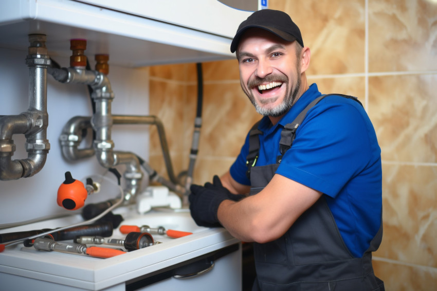 Smiling plumber working on blurred background