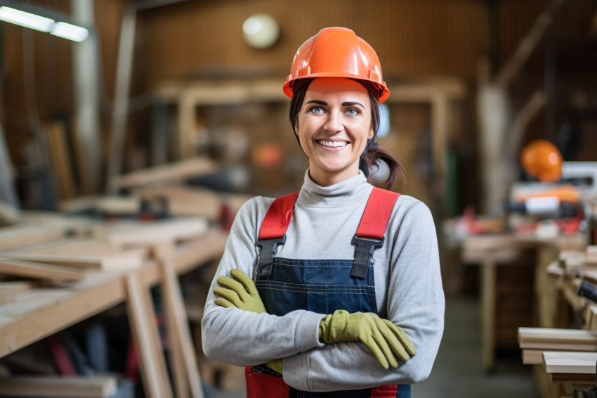 Smiling female carpenter at work on blurred background