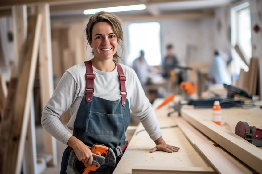 Smiling female carpenter at work on blurred background