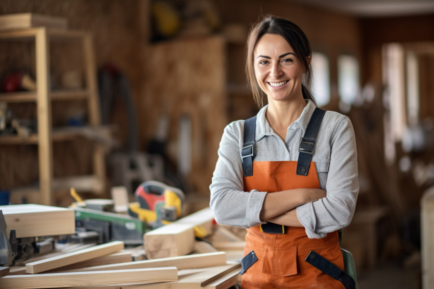 Smiling female carpenter at work on blurred background