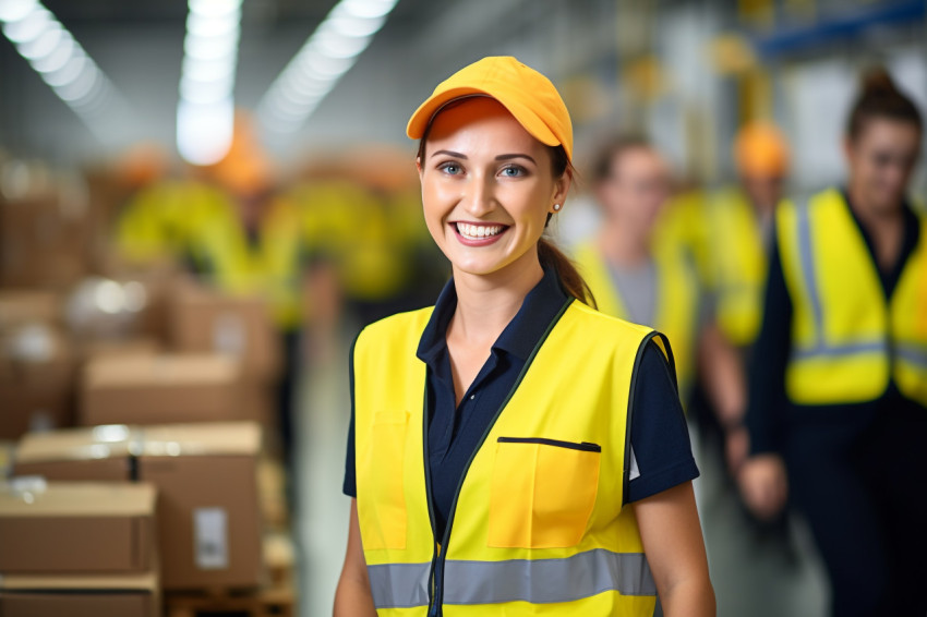 Smiling assembly line worker at work on blurred background