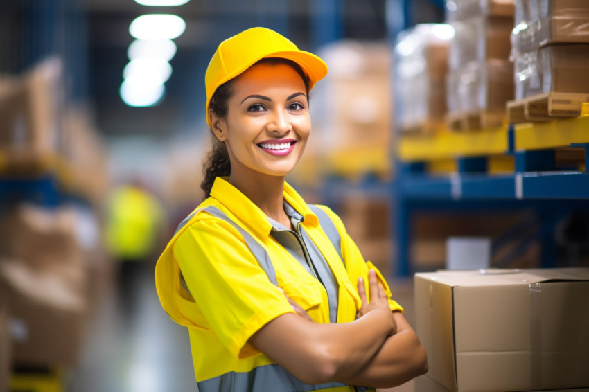 Smiling assembly line worker at work on blurred background