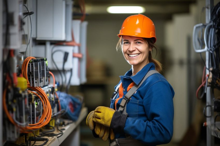 Electrician woman working on blurred background