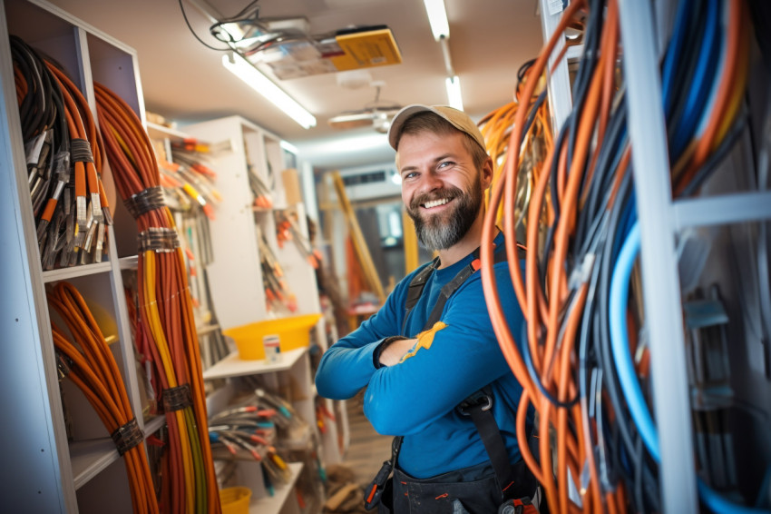 Electrician woman working on blurred background