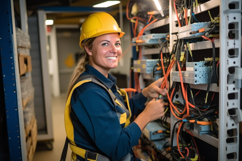 Electrician woman working on blurred background