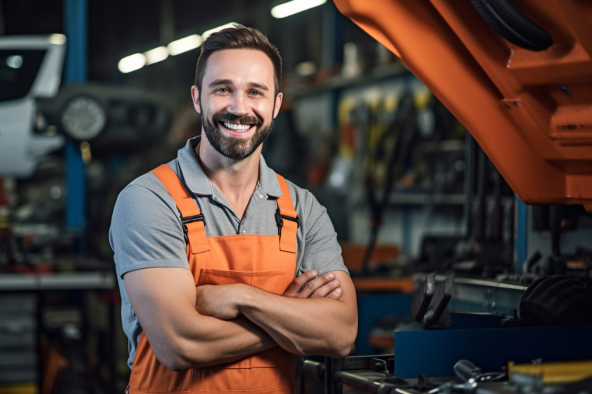 Mechanic working on a car with a friendly smile on blurred background