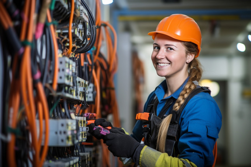 Electrician woman working on blurred background