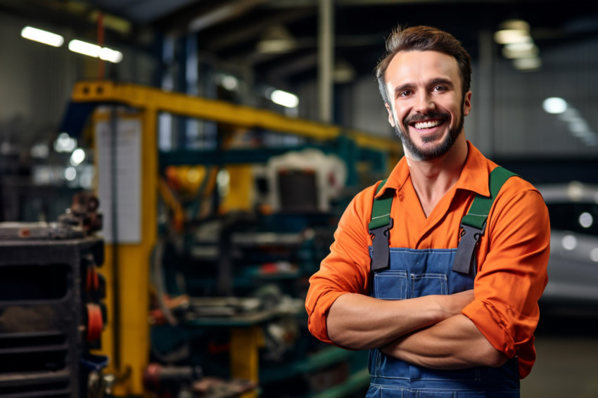 Mechanic working on a car with a friendly smile on blurred background