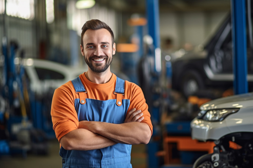 Mechanic working on a car with a friendly smile on blurred background