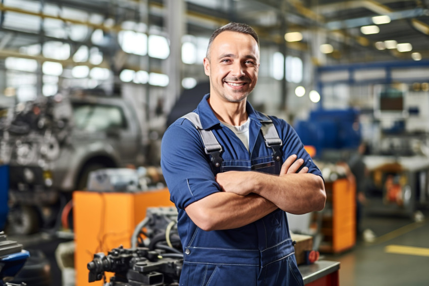 Mechanic working on a car with a friendly smile on blurred background