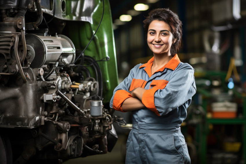 Indian woman mechanic smiling and working on blurred background