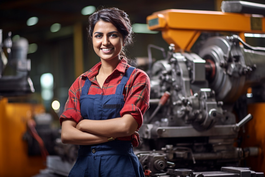 Smiling Indian female machinist working in a factory on blurred background