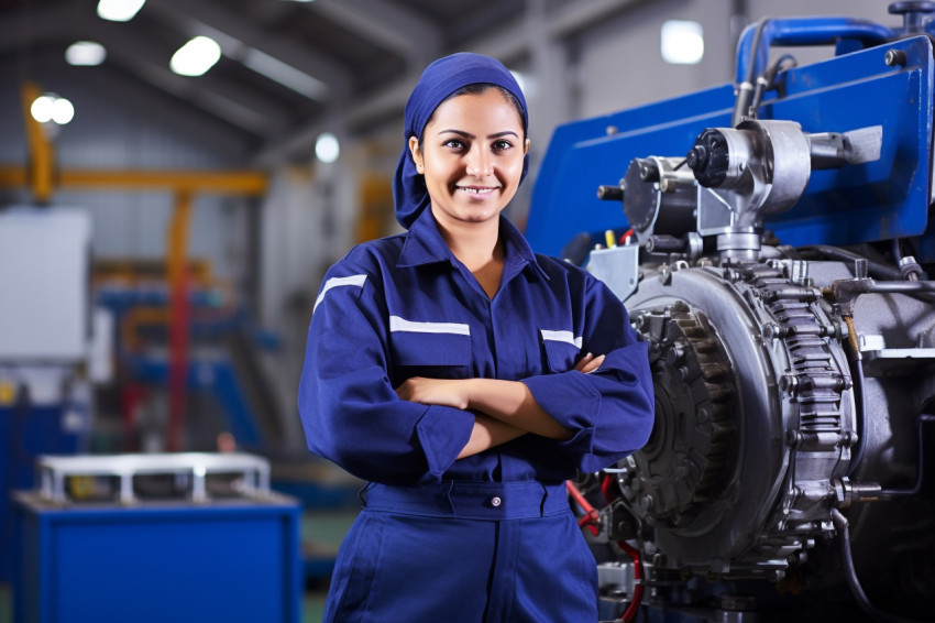 Smiling Indian female machinist working in a factory on blurred background