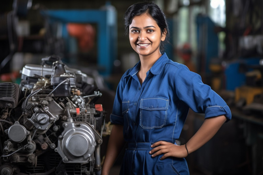 Indian woman mechanic smiling and working on blurred background