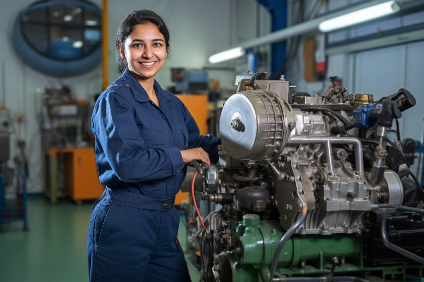 Indian woman mechanic smiling and working on blurred background