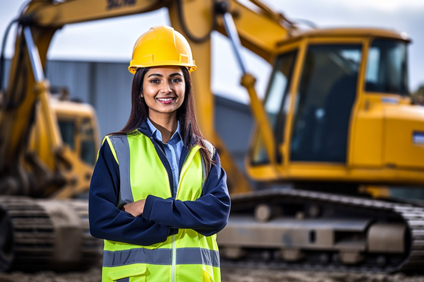 Indian woman smiles while operating a machine at work on blurred background