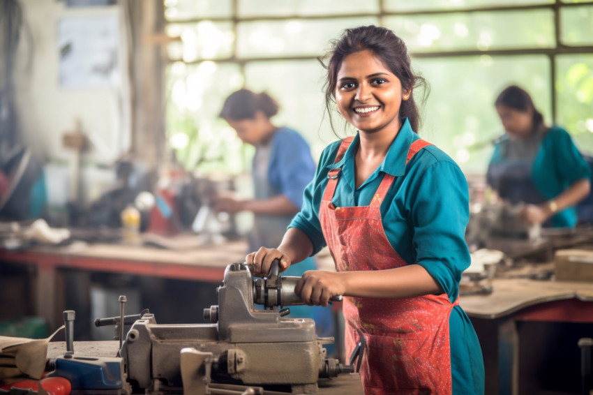 Indian woman tool and die maker working happily on blurred background