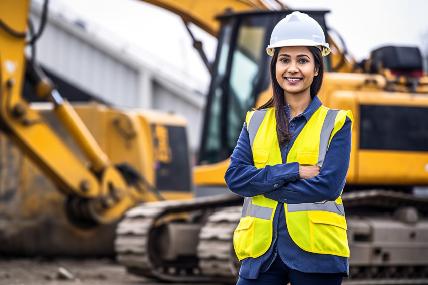 Indian woman smiles while operating a machine at work on blurred background