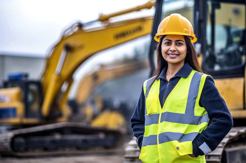 Indian woman smiles while operating a machine at work on blurred background