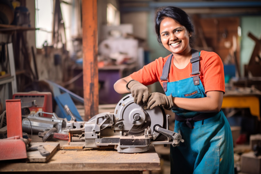 Indian woman tool and die maker working happily on blurred background