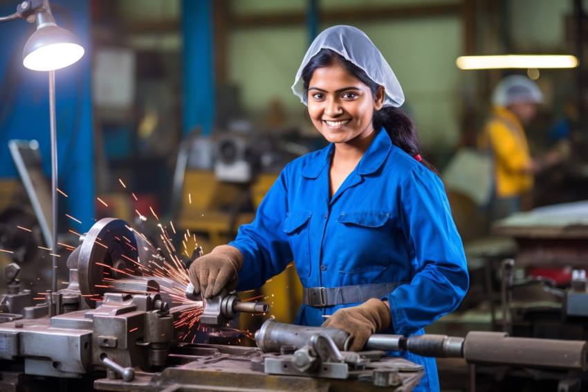 Indian woman tool and die maker working happily on blurred background