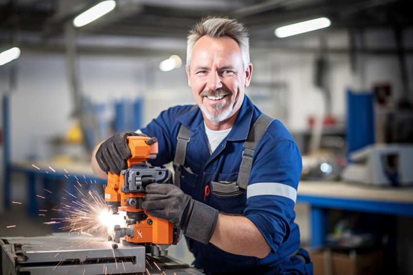 Smiling tool and die maker working on a blurred background