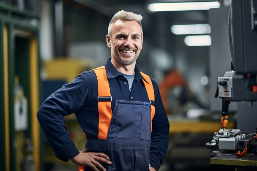 Smiling tool and die maker working on a blurred background