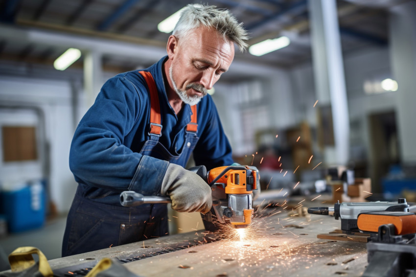 Smiling tool and die maker working on a blurred background