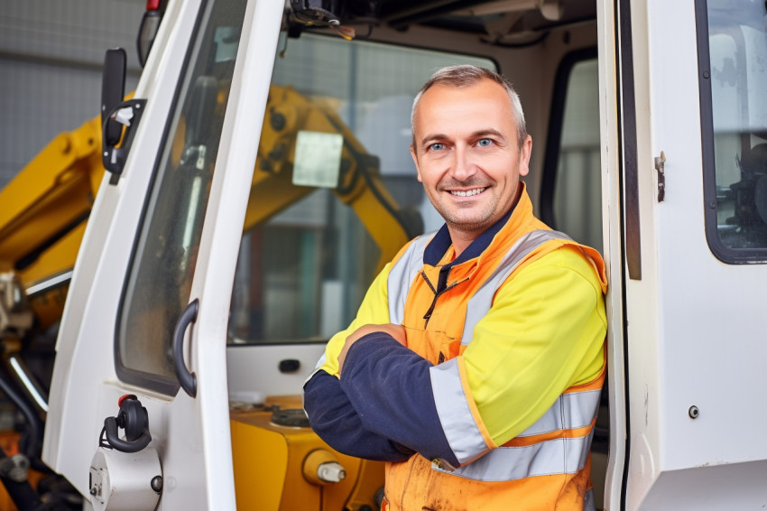 Smiling woman machine operator working in factory on a blurred background