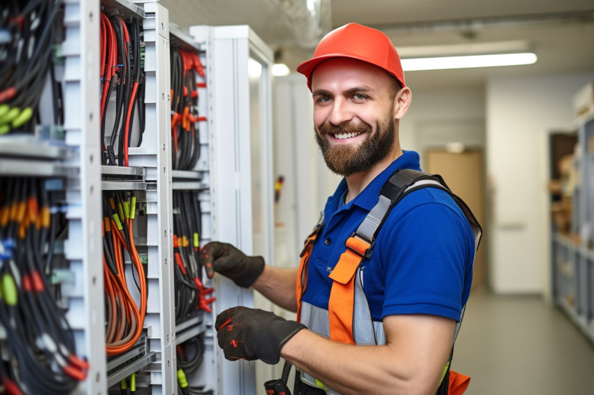 Electrician working with a smile on a blurred background