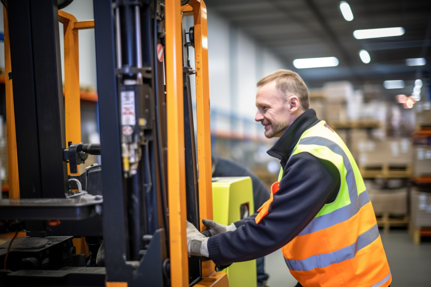 Machine operator working with a smile on a blurred background