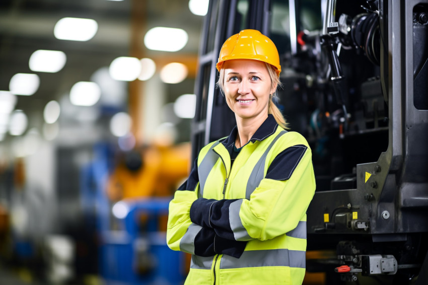 Smiling woman machine operator working in factory on a blurred background