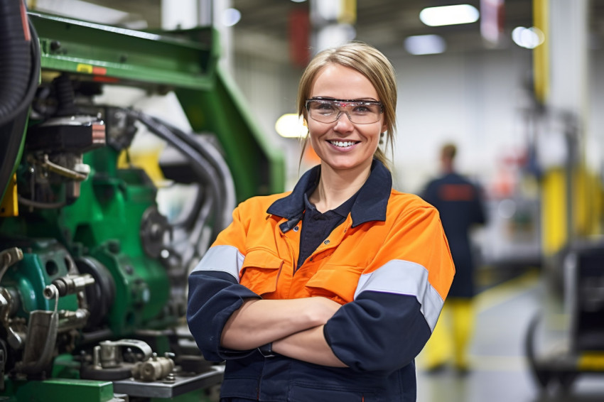 Smiling woman machine operator working in factory on a blurred background