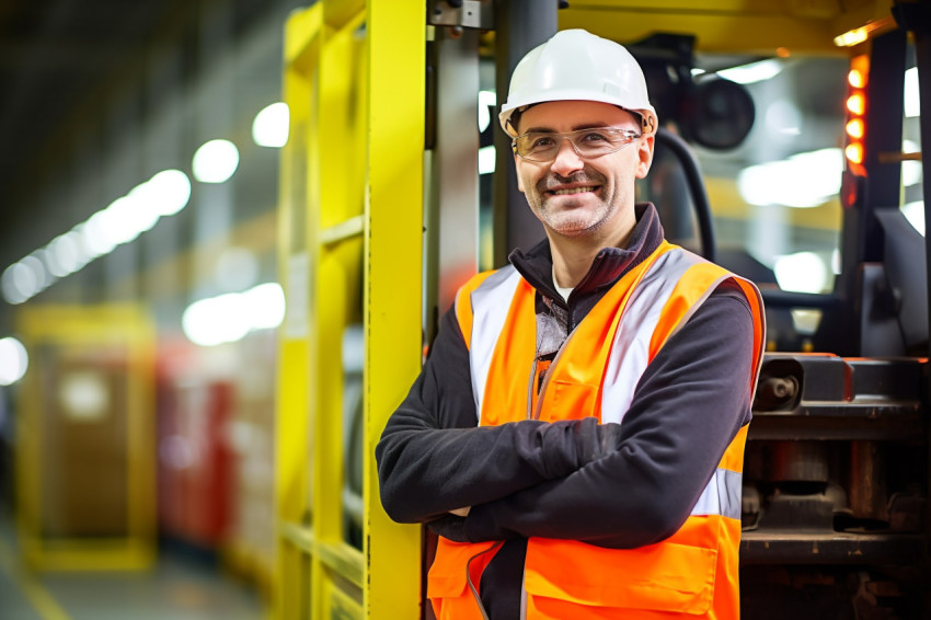 Machine operator working with a smile on a blurred background