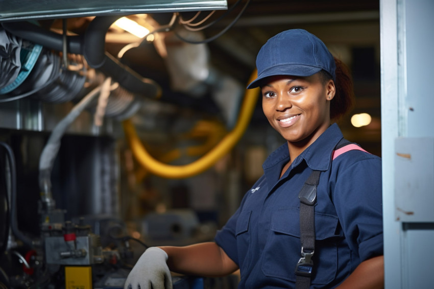 Female HVAC technician working on a blurred background