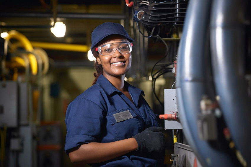 Female HVAC technician working on a blurred background