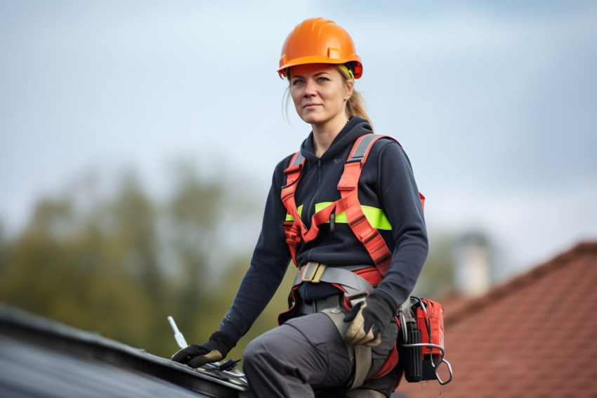 Female roofer working confidently on a blurred background